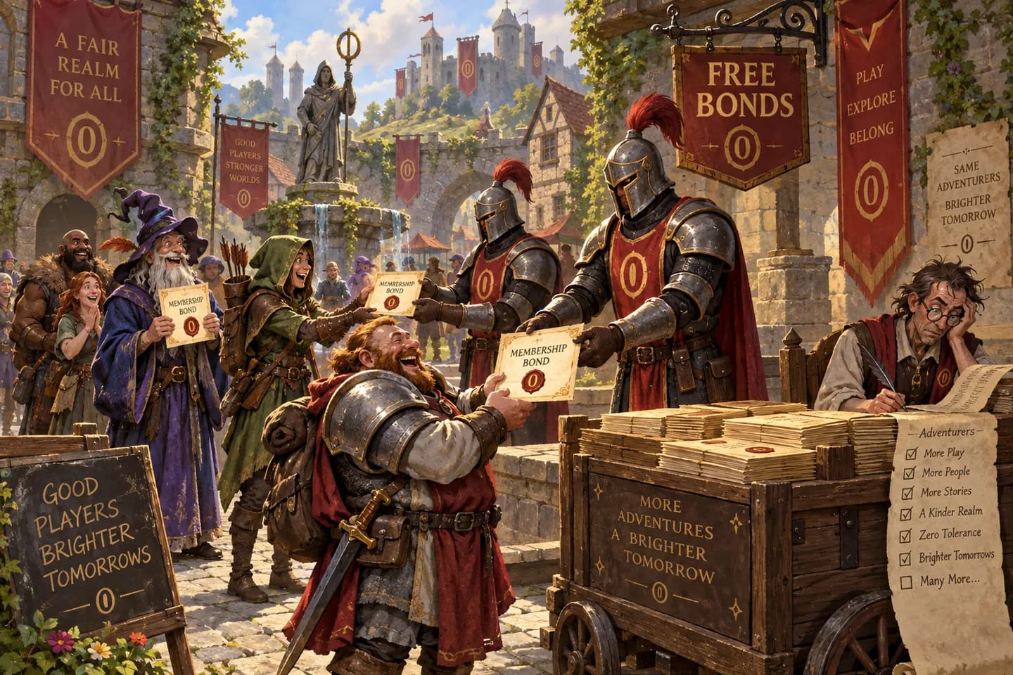 Medieval government agents hand free membership certificates directly to adventurers in a town square.